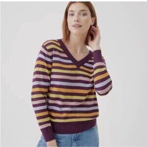 PACT Striped V-Neck Cotton Sweater - Purple, Yellow, and Blue